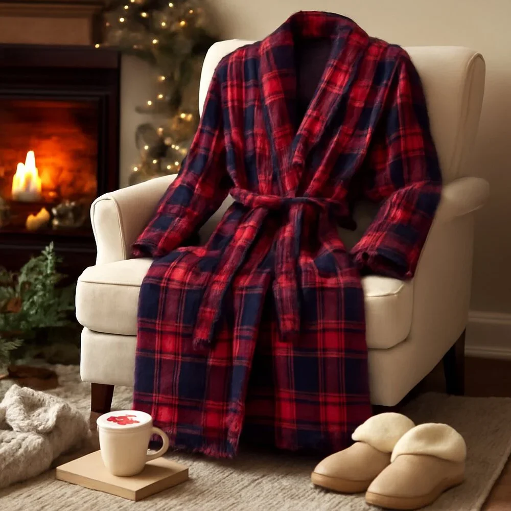 ✨ Luxe Plaid Perfection | Latuza 100% Cotton Red & Navy Lounge Robe